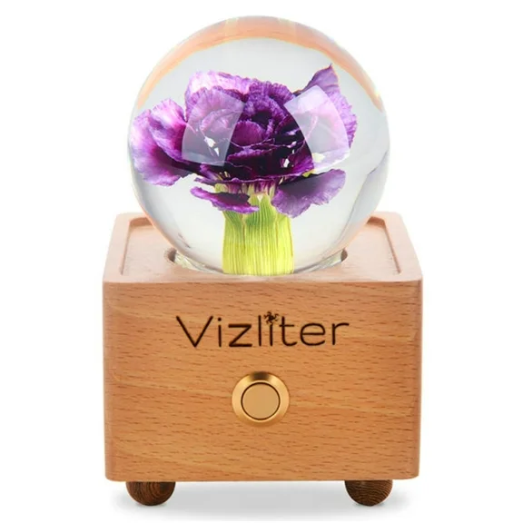 Vizliter Bluetooth Speaker Crystal Ball LED Lighting Preserved Fresh Flower with Wood Base Wireless Night Purple Carnation
