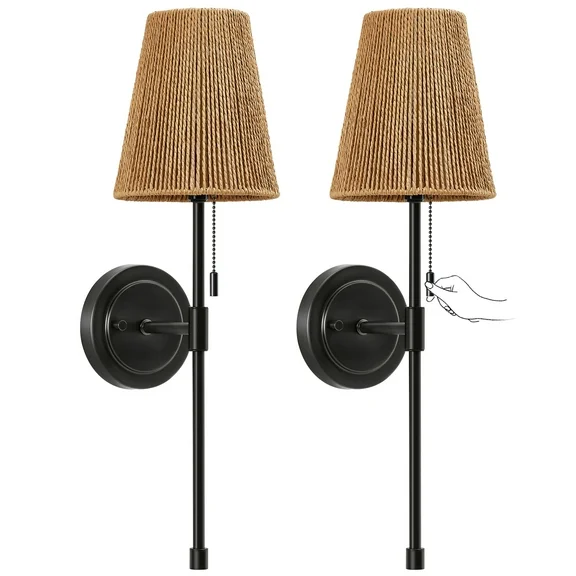Wall Sconces Sets of 2, Retro Industrial Wall Lamps with Pull Chain, Bathroom Vanity Sconces Wall Lighting with Rattan Fabric Shade, Indoor Wall Lights for Bedroom Living Room Corridor Kitchen, Woven