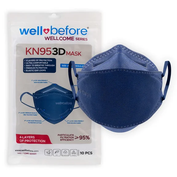 WellBefore Blue 3D KN95 Face Masks | Medium, 10 Pack | Breathable, Comfortable, & Disposable KN95 Mask