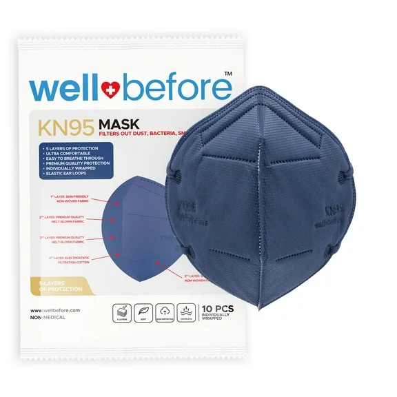 WellBefore KN95 Disposable Face Mask | Individually Wrapped 5-Layer Mask - 10 Pack (Small, Denim)
