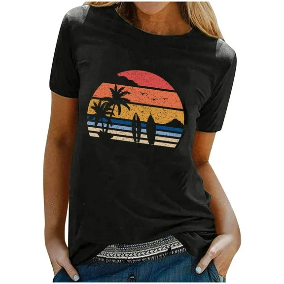 Western Shirts Casual Tee for Women 2024 Summer T Shirt Short Sleeve Crewneck Beach Tops Vintage Country Graphic