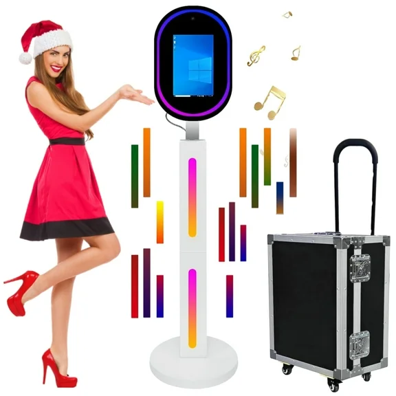 White 13.3 In Portable Touch Mirror Photo Booth  Built-in Mini PC & Camera Photo Booth with Round Ring Light and Trolley Flight Case for Events Wedding Rental Business