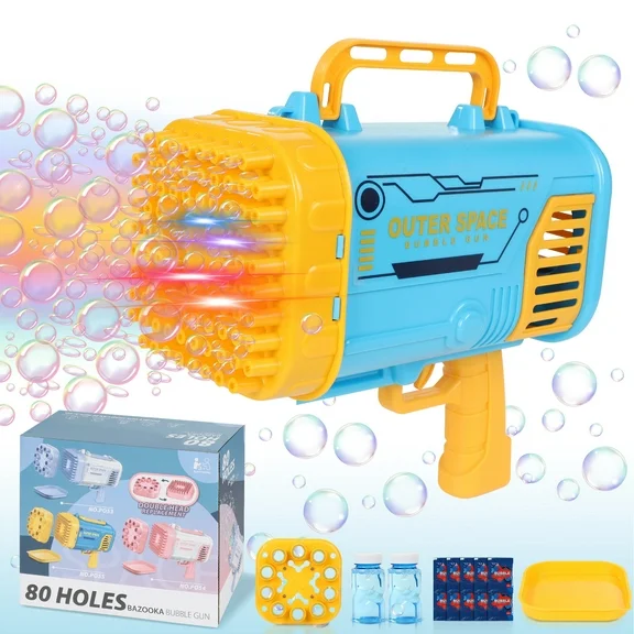 Wisairt Bubble Machine,80 Holes Bubble Blowing Toys with Replaceable Nozzles,2 Bubble Solution and Colorful Lights,Bubble Toys Outdoor Birthday Wedding Party(Blue & Yellow)