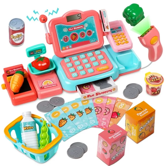 Wisairt Cash Register for Kids, Toy Cash Register with Scanner Voice Recognition Payment Function, Play Cash Register, Count Learning Toys, 24Pcs Mini Playset (Pink)