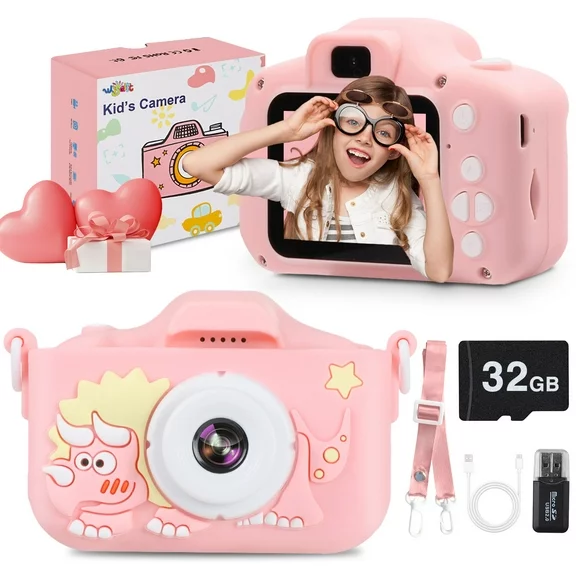 Wisairt Kids Camera with 32GB SD Card and Silicone Cover, Toy Camera for Girls and Boys 3-12 Years Best Birthday Gifts (Pink)