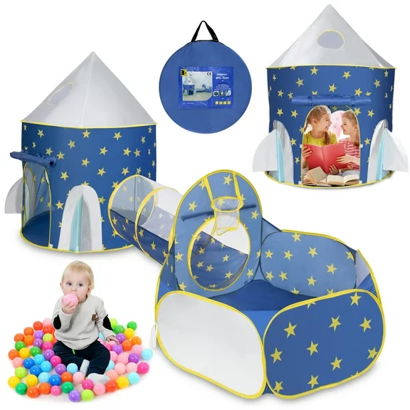 Wisairt Kids Play Tent, 3 in 1 Play Tents Tunnel Set with Ball Pit and Storage Bag, Indoor Outdoor Toy Tent for Toddlers Kids Toy Gifts, Blue (No Ball)