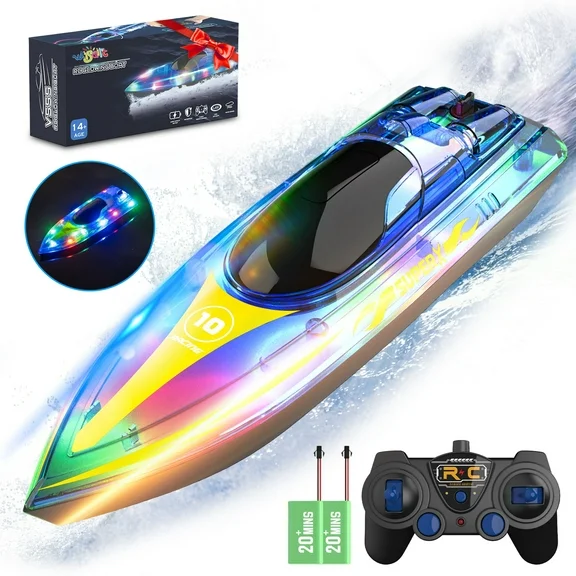 Wisairt RC Boat,15Km/h Remote Control Boat with Led Lights for Pools and Lakes,2.4Ghz High Speed RC Boat with 2 Rechargeable Batteries,Summer Water Boat Toys Age 14+ (Blue)