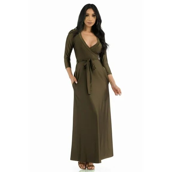 Women's Maxi Satin Dress 3/4 Sleeve Surplice Neckline with Pockets for Casual and formal Dresses and any other Occasions(Olive-Small Size)