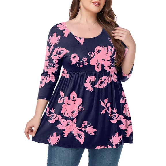 Women's Plus Size Round Neck Tunic Blouse 3/4 Sleeve Floral Loose T-Shirt 0X-5X