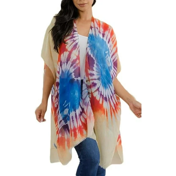 Women's Standard Loose Lightweight Tie Dye Open Front Kimono Short Sleeves Cover up Summer Beach Attire(Fits Small-Large)