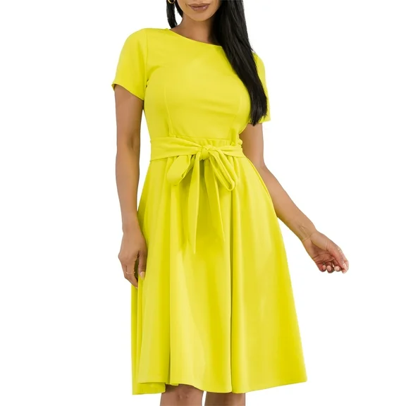 Women's Summer Short Sleeve Round Neck Back Zipper Casual, Day Dresses, Women's Clothing(Lime-1X Plus Size)