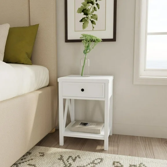 Wright 17" Wide White Solid Wood 1-Drawer Nightstand by East at Main, Farmhouse End Table with Storage