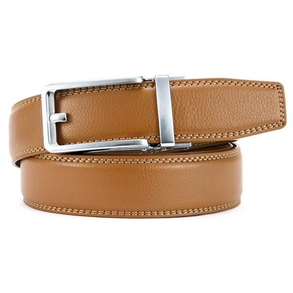YOETEY Mens Ratchet Leather Belt - Comfort Click - Dress Belt with Sliding Buckle 1 3/8"(35mm)