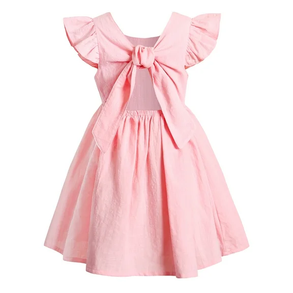 Younger Tree Baby Girls Casual Dress Kid Cotton Linen Ruffle Backless Sleeveless Solid Party Dresses for 3-4T