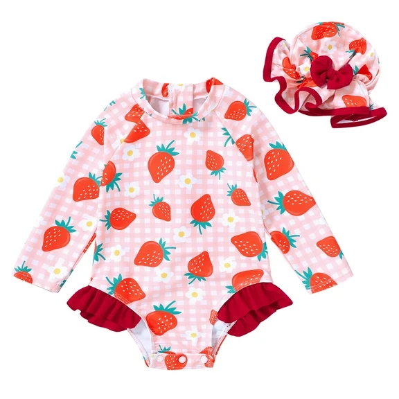 Younger Tree Infant Baby Girl One-Piece Swimsuit Long Sleeve Rash Guard Swimwear Hat Bathing Suit Set for 18-24 Months