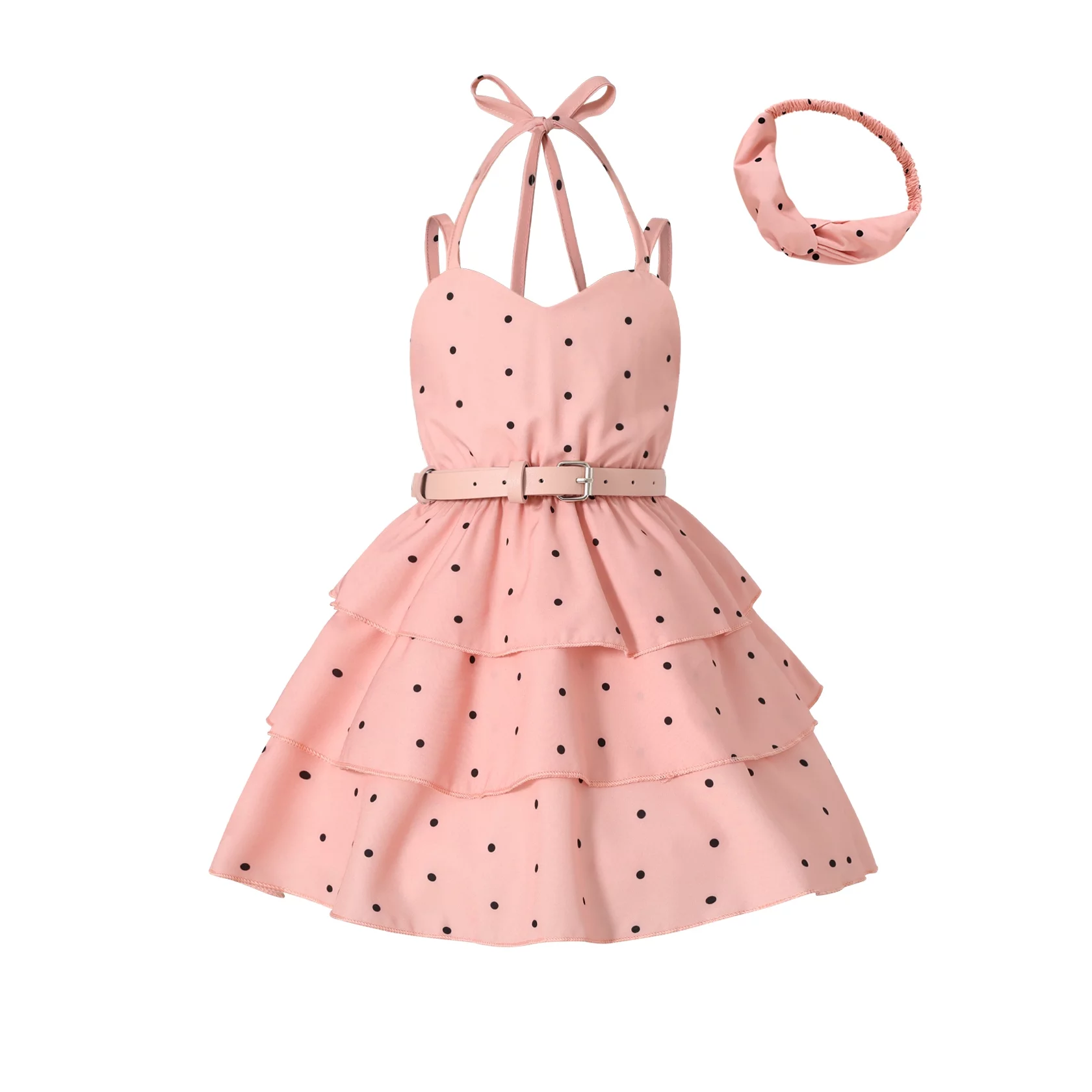 Younger Tree Little Girl Summer Dresses Set Kid Sleeveless Dots Halter Party Princess Skirt with Headband，Size 2-7T