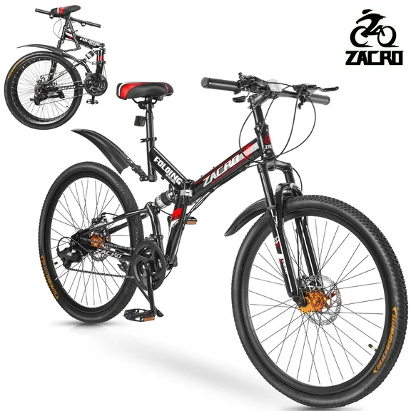 Zacro 26 Inch Folding Mountain Bike, 24 Speed Dual Disc Brake Alloy Wheels MTB Bicycle for Men Women Adults Youth, Red