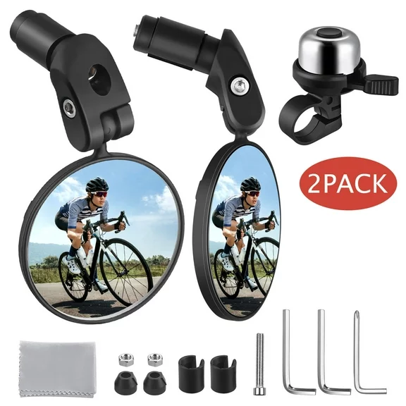 Zacro Bike Mirror (2 Pack) , 360° Rotation Adjustable Bicycle Rear View Mirrors, Bicycle Handlebar Glass Mirror with Bike Bell