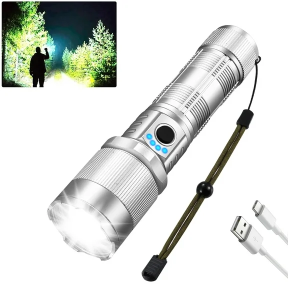 Zacro Rechargeable LED Flashlight, 90000 High Lumens Super Bright Powerful Zoomable Waterproof LED Flashlight for Emergencies, Camping, Home, Silver