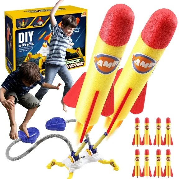 Zacro Rocket Launcher for Kids, Dual Dueling Rocket Toys Shoots Up to 100 Feet, Air Rocket Outdoor Toy with 8 Foam Rockets Gift for Boys and Girls
