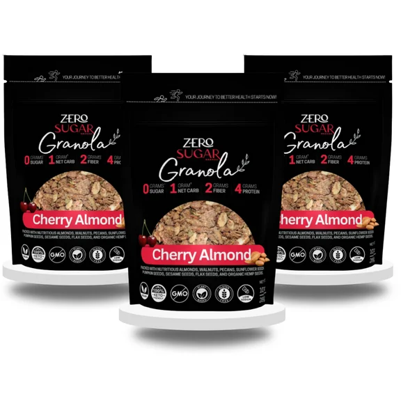 Zero Sugar Brands Granola - CHERRY ALMOND - Sugar Free, Healthy Snack for Diabetics, Keto, Dairy-Free & Plant-Based (3-Pack)