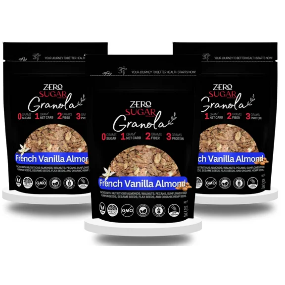 Zero Sugar Brands Granola - FRENCH VANILLA - Sugar Free, Diabetic Friendly Healthy  Granola (3-Pack)