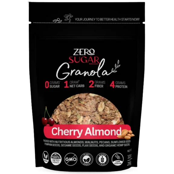 Zero Sugar Granola – CHERRY ALMOND - Healthy Sugar Free snack for Adults, Kids, Diabetics, Paleo, Dairy-Free & Plant-Based Diet