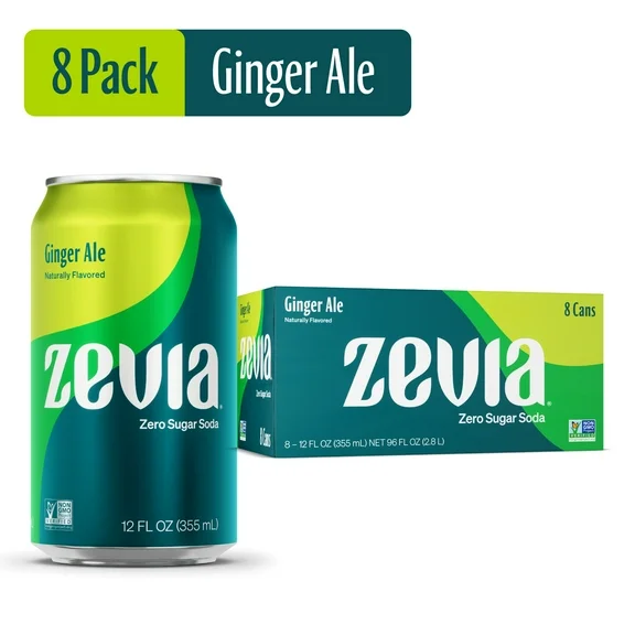 Zevia Zero Calorie, No Sugar Caffeine-Free Ginger Ale Soda Pop, 12 fl oz, 8 Pack Cans