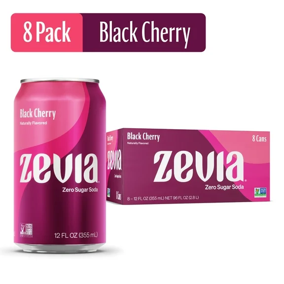 Zevia Zero Sugar, 0 Calorie Black Cherry Soda Pop, 12 fl oz, 8 Pack Cans