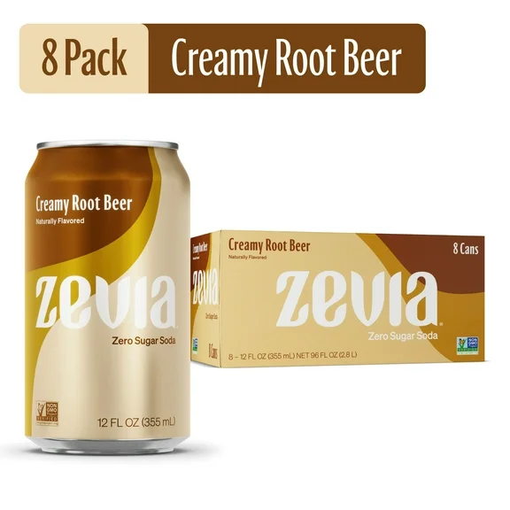 Zevia Zero Sugar, 0 Calorie Creamy Root Beer Soda Pop, 12 fl oz, 8 Pack