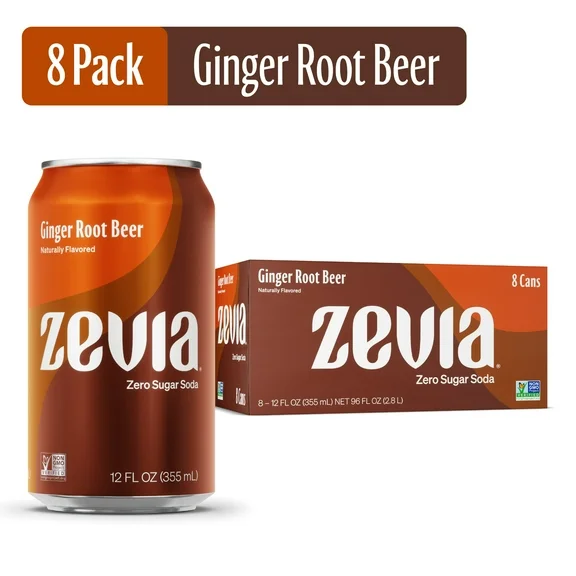 Zevia Zero Sugar, 0 Calorie Root Beer Soda Pop, 12 fl oz, 8 Pack Cans