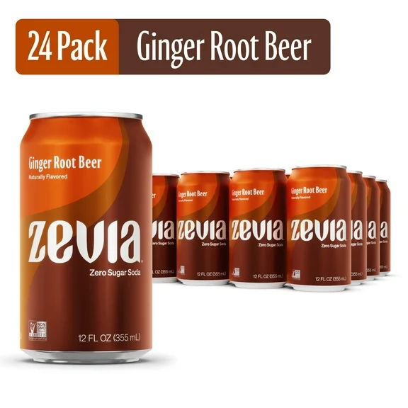 Zevia Zero Sugar, Ginger Root Beer Soda Pop, 12 Fl Oz (Pack of 24)