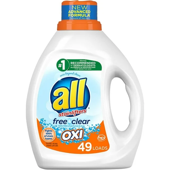 all Liquid Laundry Detergent with Advanced OXI Stain Removers and Whiteners, Free Clear, 88 Ounce, 49 Loads