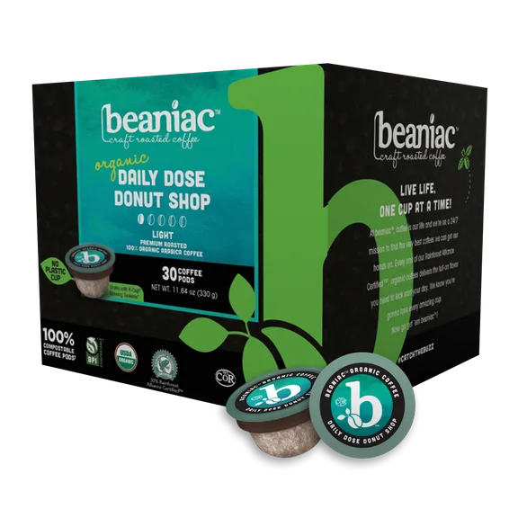 beaniac Organic Daily Dose Donut Shop, Light Roast, Single Serve Coffee K Cup Pods, Rainforest Alliance Certified, 30 Compostable, Plant-Based Coffee Pods, Keurig Brewer Compatible
