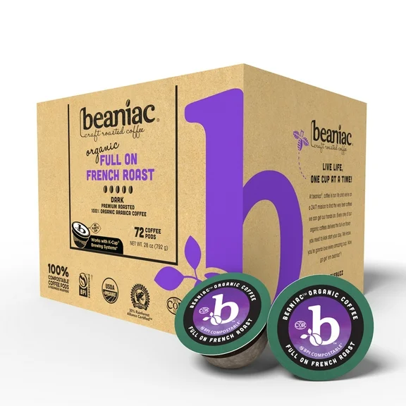 beaniac Organic Full On French Roast, Dark Roast, Single Serve Coffee K Cup Pods, Rainforest Alliance Certified Organic Arabica Coffee, 72 Compostable Plant-Based Coffee Pods, Keurig Brewer Compatible