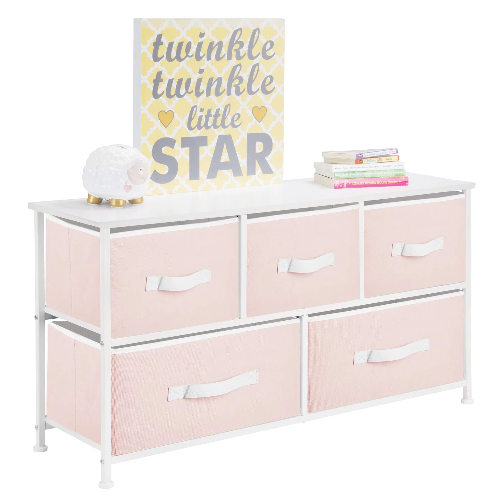 mDesign Baby + Kids Wide Storage Dresser with 5 Removable Drawers, Pink/White