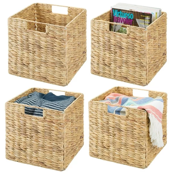 mDesign Hyacinth Woven Cube Bin Basket Organizer, Handles, 4 Pack, Natural/Tan