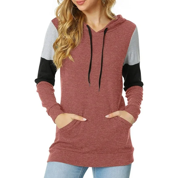 ppyoung Women's Casual Drawstring Pullover Long Sleeve Workout Sweatshirts Color Block Hoodie Sweatshirt With Pockets